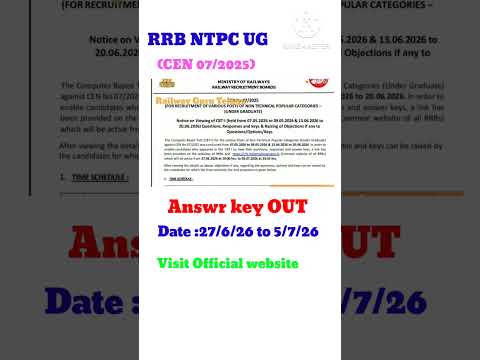 RRB NTPC CBT 1 UG Answer key out cen 07/25 #rrb #shorts #exam