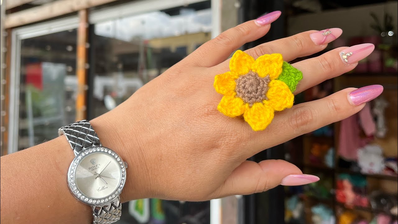 🌻Bisutería Crochet 🌻 Anillo Girasol Tejido a Crochet fácil y hermoso ✨#crochet #flowers #youtube