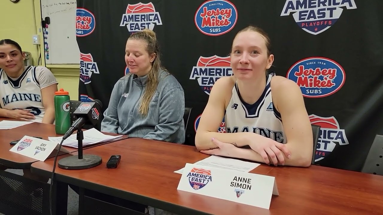 Maine head coach Amy Vachon, Anne Simon, and Adrianna Smith postgame after a win over Binghamton