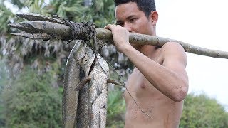 Wilderness Life: Find fish by spear in Pond - Cook fish eating delicious