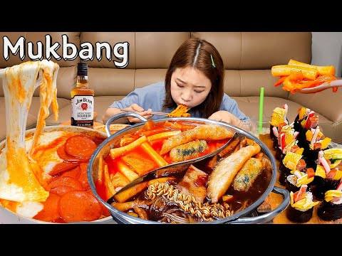 [モッパン モクバン - ひとり飲み] 驚きのトッポッキパーティー🥳ペパロニチーズ🧀ジャージャー麺🍜ハイボール🥂 ASMR 韓国料理