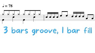 3 bars groove, 1 bar fill - Practise reading beginner drum fills with this exercise! 🥁