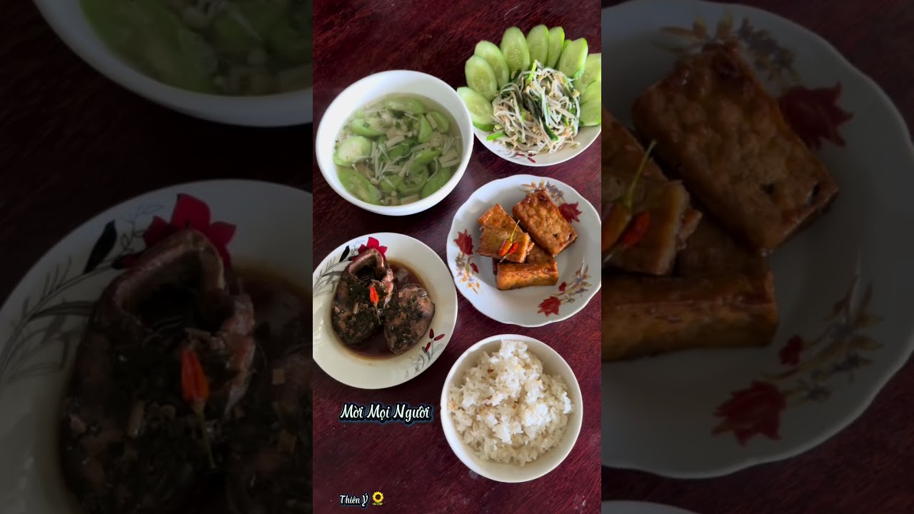 Đậu hủ ram, Cá ngừ kho, Canh mướp, Giá hẹ xào