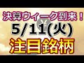 決算シーズン到来！【5月11日(火)の注目銘柄まとめ】本日の株式相場振り返りと明日の注目銘柄・注目株・好材料・サプライズ決算を解説、株式投資の参考に。