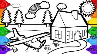 Glitter House with Plane Coloring and Drawing for Kids, How to Draw House Coloring Page