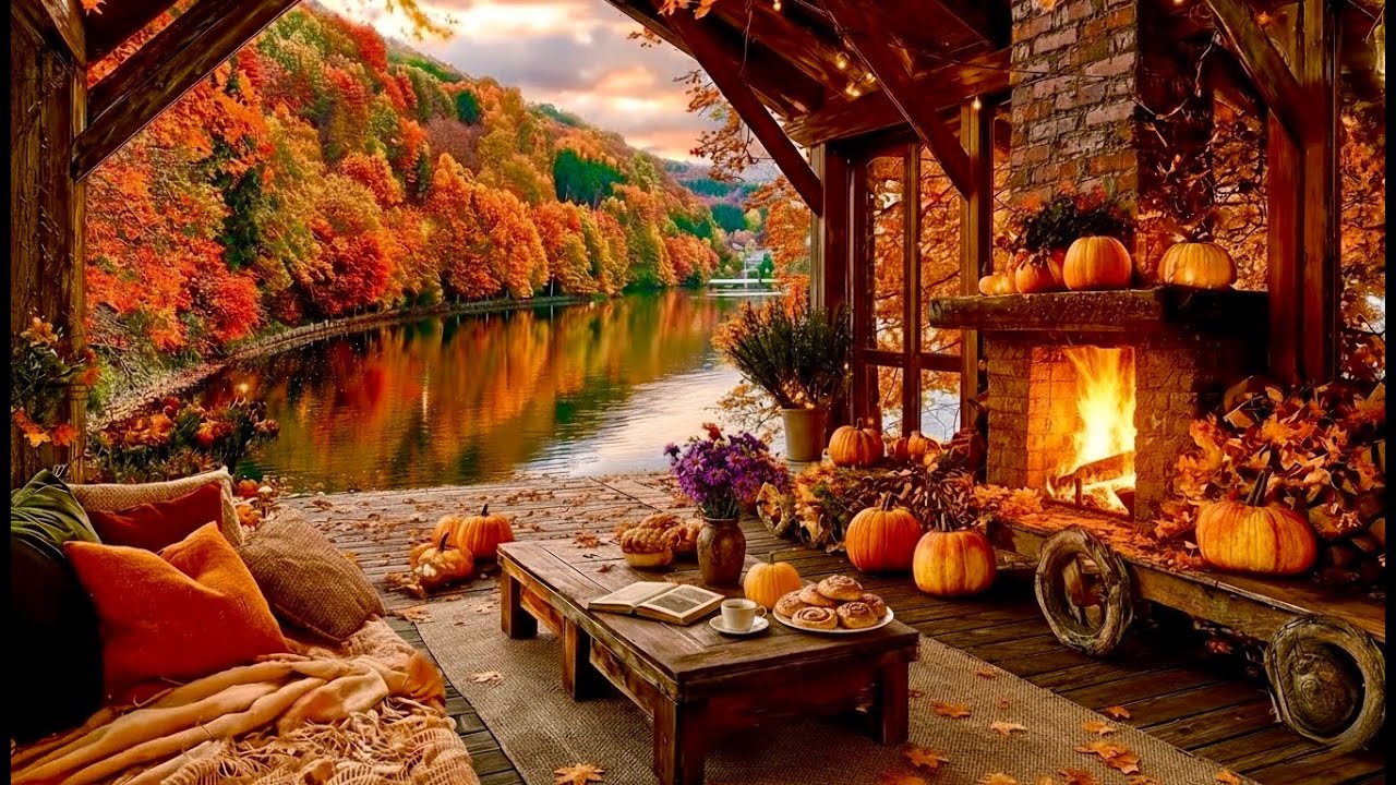 Cozy Autumn Cabin by the Lake 🍁 Relaxing Piano Jazz & Crackling ...