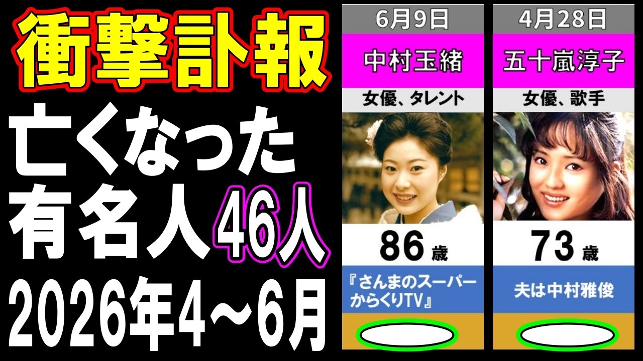【衝撃訃報】2026年4月~6月に亡くなった超有名人たち46名…もう一度会いたい!突然すぎる別れに日本中が涙…知られざる最期の瞬間とは?