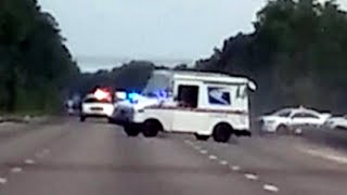 Caught On Cam: Hijacked Mail Truck Wipes Out!