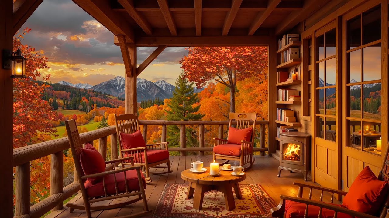 Serene Autumn Porch Vibes 🍁 Relaxing Jazz Piano with Fireplace Sounds ...