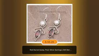 Red Garnet & Pearl Silver Earrings | 925 Sterling Solid Silver Earrings | Designer Two Gemstone S...