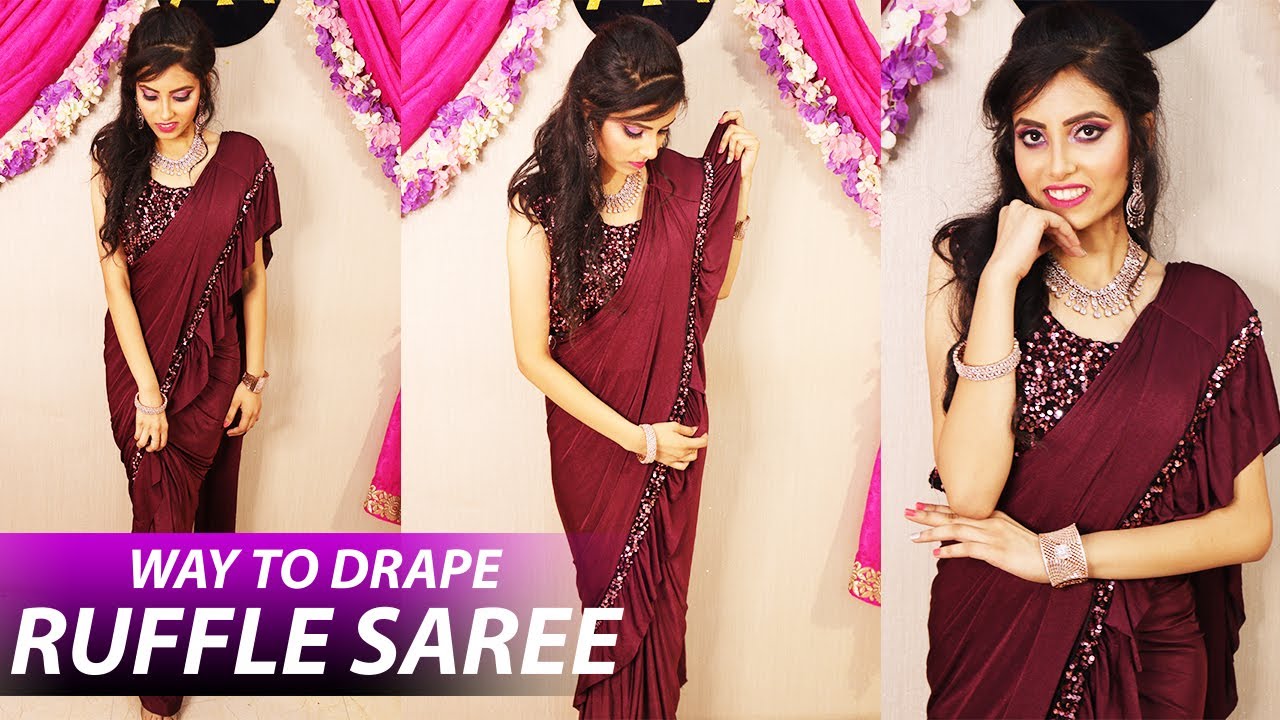 Saree : Cream georgette designer ruffle saree with handwork ...
