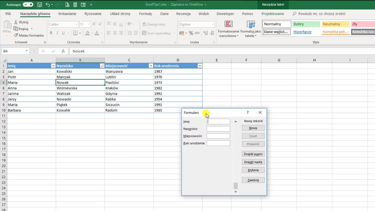 Update Excel 365 - wprowadzanie danych za pomocą formularza