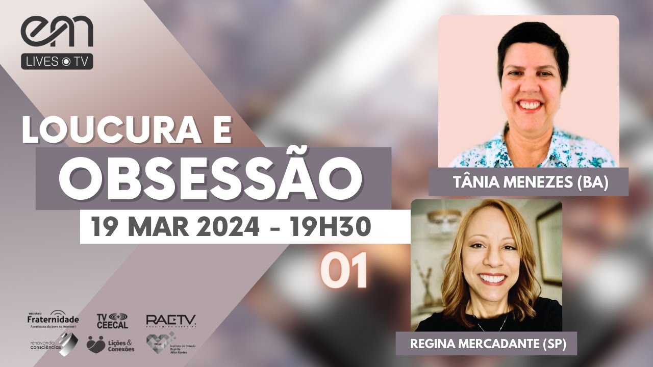 Série: Loucura e Obsessão - Temporada única - 1º Episódio (estreia).
Livro de autoria de Manoel Philomeno de Miranda, psicografado por Divaldo Franco
Introdução.

Exposição: Tânia Menezes (BA).
Apresentação: Regina Mercadante (SP).

Data: 19/03/2024 (terça-feira).
Horário: 19h30.

- Tânia Menezes é enfermeira, doutora em enfermagem, expositora espírita, coordenadora da evangelização infantil e do Projeto Manoel Philomeno de Miranda do Centro Espírita Caminho da Redenção e dirigente de reunião mediúnica.

- Regina Mercadante é criadora de conteúdo digital, expositora espírita e trabalhadora voluntária do Instituto Espírita de Educação em São Paulo. Coordena o Projeto Espiritismo e Mediunidade.

Nota:
O livro apresenta uma análise minuciosa da presença da obsessão na maioria dos casos de loucura. Confirma que “ansiedades e frustrações, afetos e animosidades, calma e pavor, confiança e suspeita, inquietação e segurança, que se manifestam no comportamento do indivíduo, tem a sua gênese, às vezes, na atual existência, sem dúvida, todavia, na sua quase totalidade, são efeitos das ocorrências pretéritas, que o tempo arquivou na memória perispiritual, mas não consumiu”. 
Objetiva orientar os estudiosos e os que sofrem os processos obsessivos sobre as causas da obsessão e relata a terapia desobsessiva adotada por Espíritos abnegados, sob a direção do Dr. Bezerra de Menezes. Aprofunda-se na análise de casos dolorosos de obsessão, oferecendo soluções calcadas na renovação interior e na prática do bem.

Produção: EM Lives TV.
Realização: Projeto ESPIRITISMO E MEDIUNIDADE.

#manoelphilomenodemiranda #loucuraeobsessao #espiritismoemediunidade #obsessao #espiritismo #loucura #allankardec #doutrinaespirita #divaldofranco #reginamercadante

------------------------------------------

Mídias sociais:

Site - https://emlives.tv
Facebook - https://www.facebook.com/espiritismoemediunidade
Instagram - https://www.instagram.com/espiritismo.mediunidade
Twitter - https://twitter.com/emediunidade
YouTube - https://www.youtube.com/espiritismoemediunidade
TikTok - https://www.tiktok.com/@espiritismoemediunidade

------------------------------------------