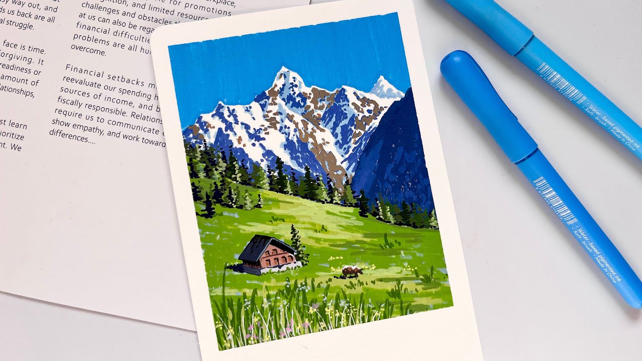 How to Draw a Swiss Alps Mountain Landscape with Acrylic Markers - YouTube