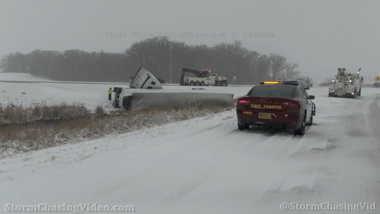 Heavy snow with Jack Knifed Semi Truck and  Numerous Crashes - Steele County, MN - 3/15/2021