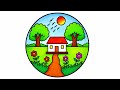 How to Draw a Simple Circle Scenery with Trees & House | Easy circle scenery tutorial for Beginners