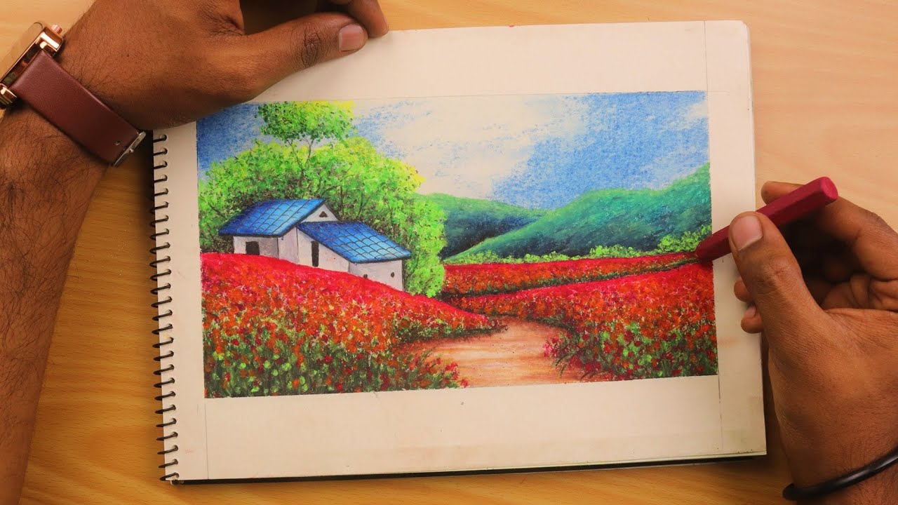 How to draw beautiful scenery with pastel colour | Landscape ...