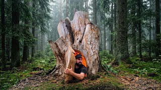 Building a Secret 2-Room Underground Shelter Inside a Giant Hollow Oak Stump | Bushcraft Survival