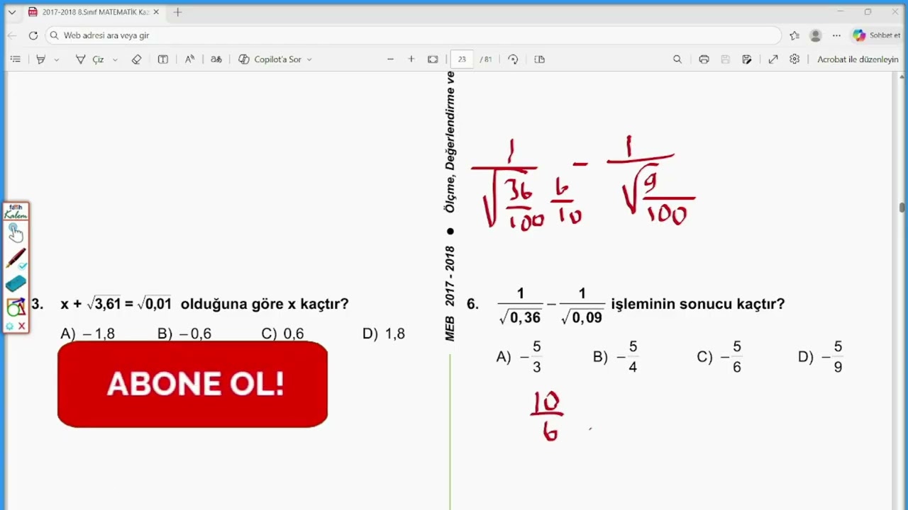 8.Sınıf Meb Kazanım Kavrama  Kareköklü Sayılar TEST 6