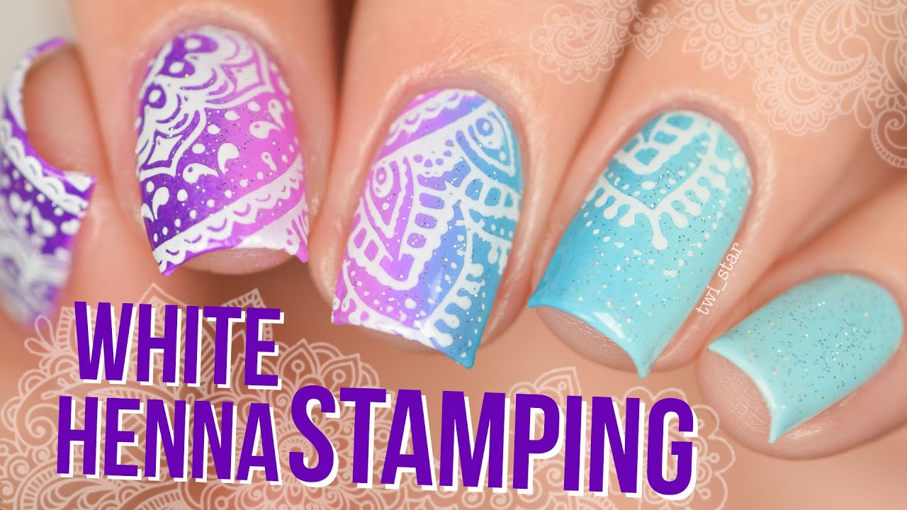 Purple Mint Gradient with White Henna Stamping Nail Art YouTube