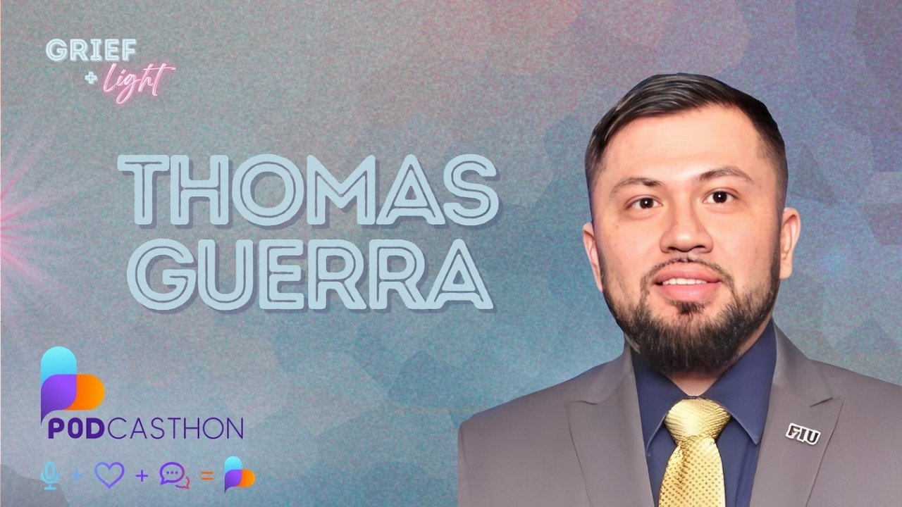 Podcast episode cover featuring Thomas Guerra's image, Grief and Light's Logo, and Podcasthon's Logo over a geometric, colorful background