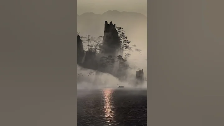 《山影如墨画》.静水湖面一叶舟，徐飘朦雾似仙境，映像夕阳一缕光，冬去秋来雁南飞，此景只应天上有，此景呈现美如画 - 天天要闻