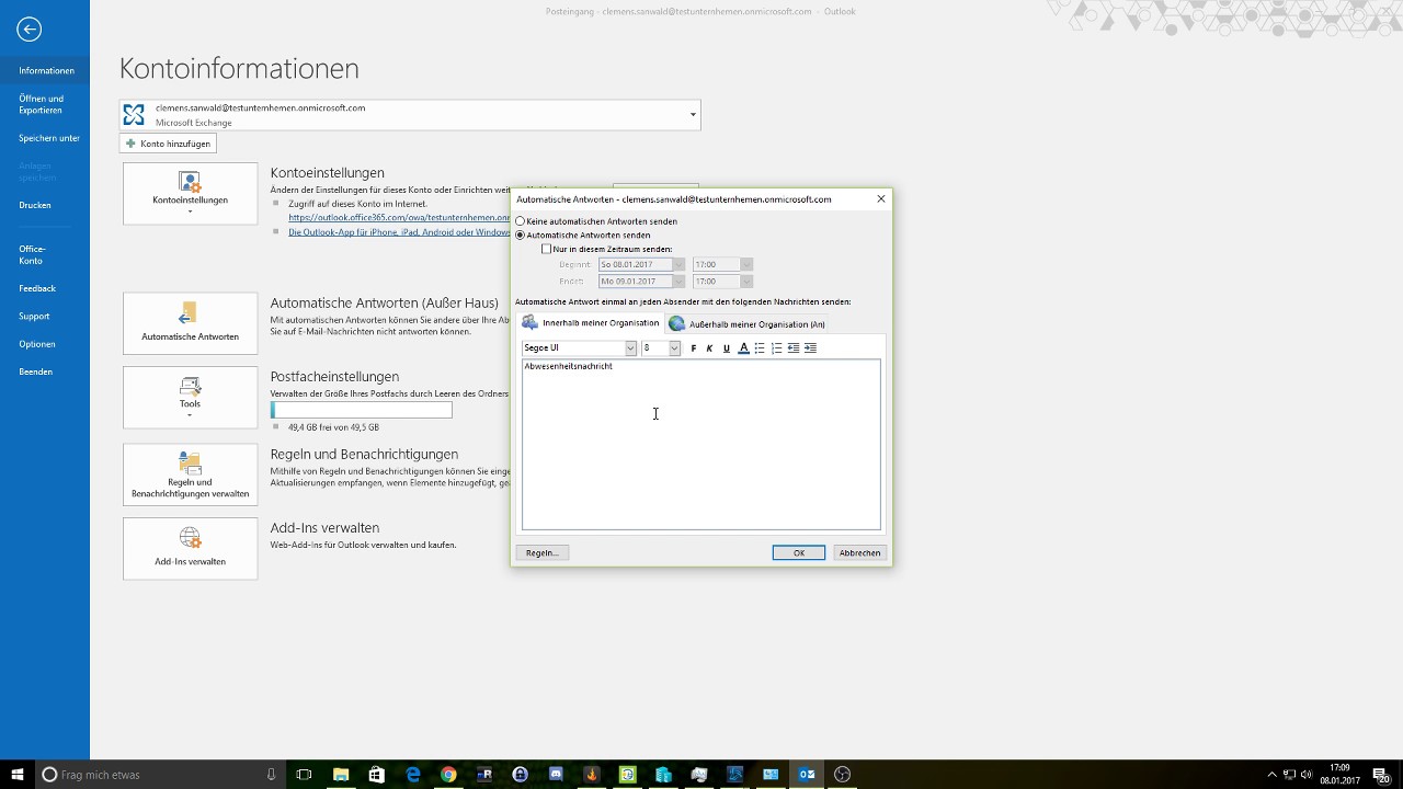 Update Abwesenheitsnotiz in Outlook 2016 mit Exchange oder Office 365