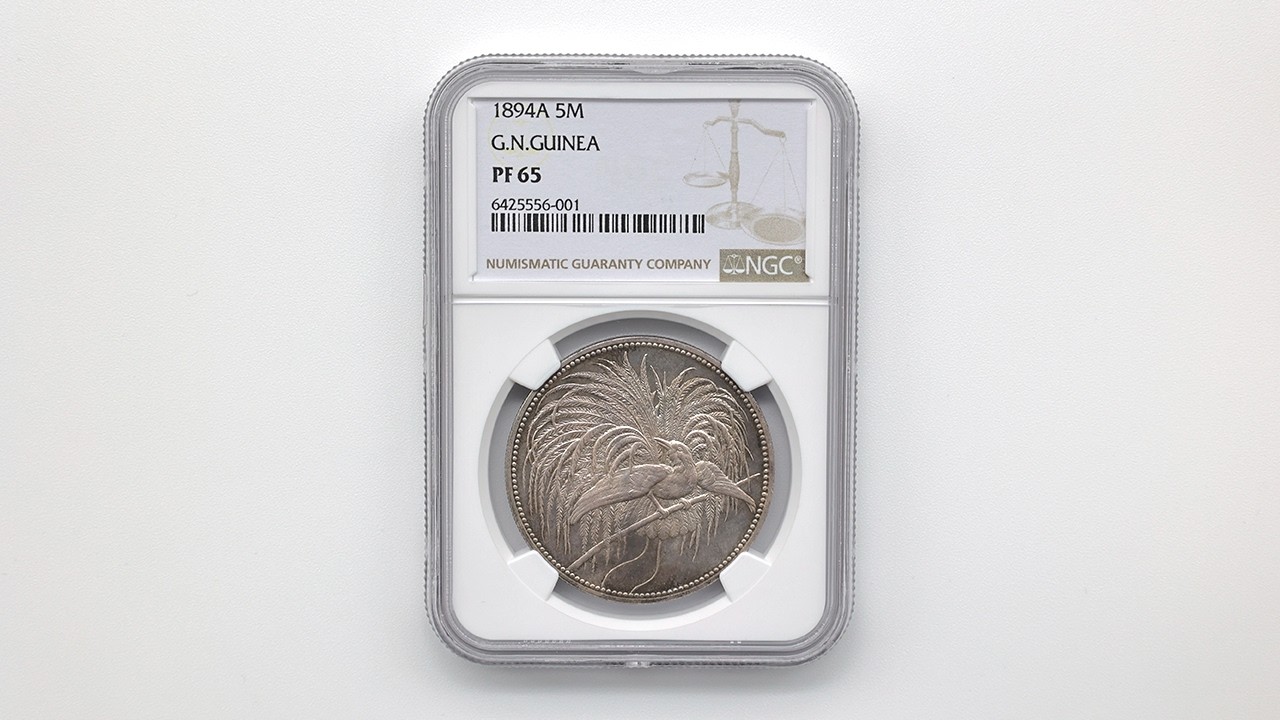 1894 ドイツ領ニューギニア 極楽鳥 5マルク 銀貨 NGC PF 65 未使用