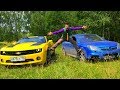 Mr. Joe on Opel Vectra OPC VS Green Man on Chevy Camaro in Funny Race in Forest for Kids