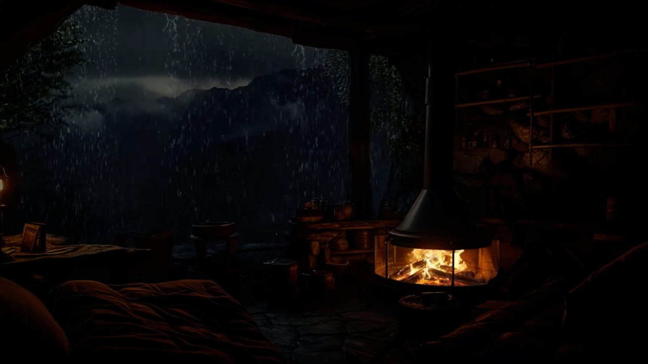 99% INSTANTLY FALL ASLEEP 😴 Deep Mountain Rain & Fireplace Sounds in a ...