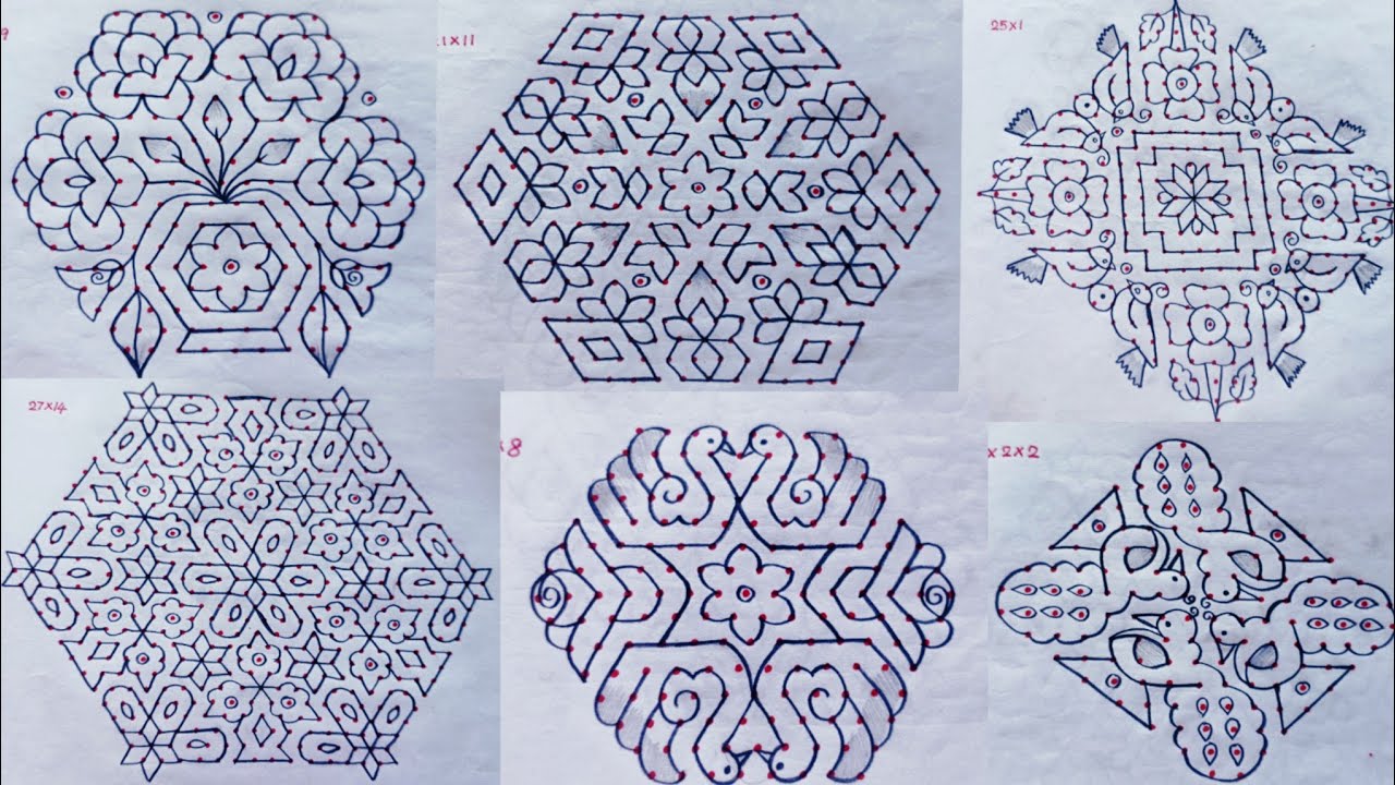 6 big kolam designs for beginners. Appartment kolams. Note/pencil kolam. Rangoli. @Artsofnila2m 