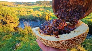 A thoroughly cooked beef recipe that's worth the day's wait. ASMR video with outdoor cooking.
