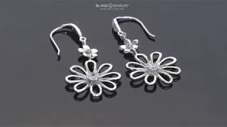 Daisy Flower Shape CZ Dangle Earrings French Wire Sterling Silver