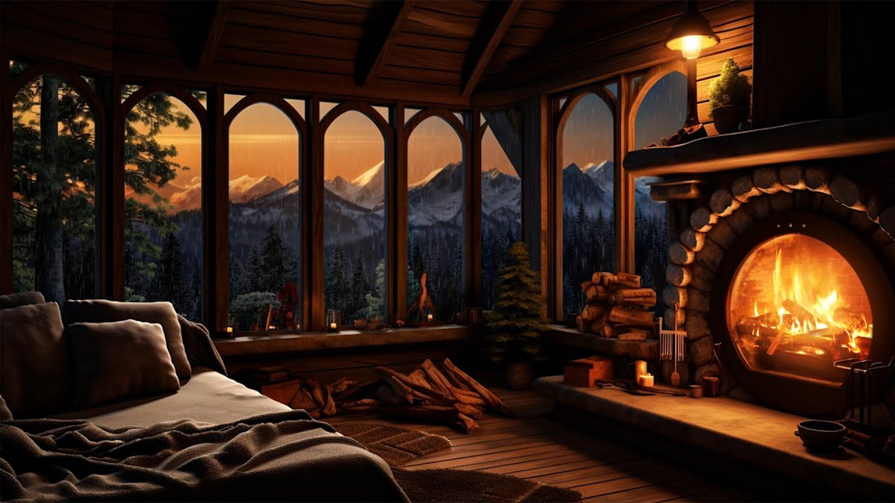 Cozy Cabin Ambience with Gentle Night Rain and Crackling Fireplace ...