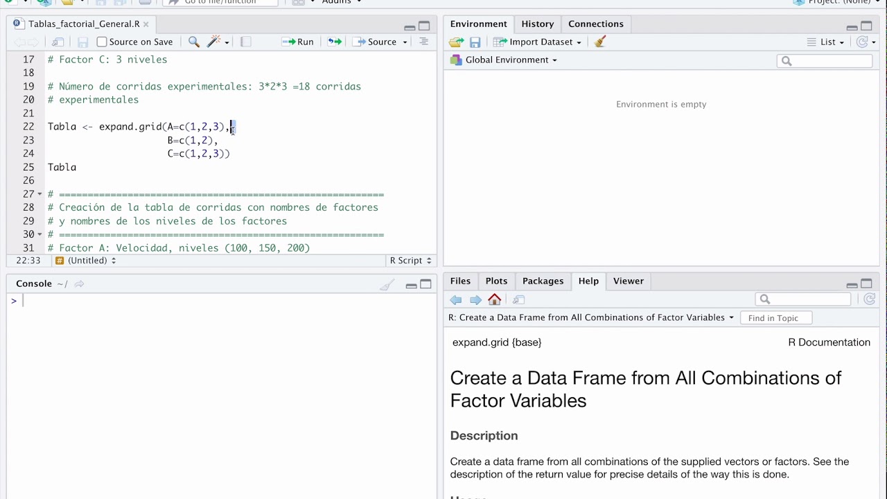 Creación de la tabla de corridas experimentales del diseño factorial general
