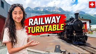 Girl Operates a Historic Steam Engine on a Railway Turntable at Furka Pass, Switzerland 🇨🇭🚂