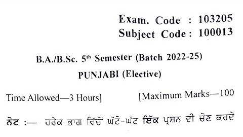 Gndu BA / BSc 5th Semester Punjabi Elective Question Paper | Punjabi Elective Question Paper 2024