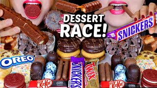 Asmr leftover dessert race (candy ice cream bars (twix and snickers),
chocolate covered marshmallows, red velvet oreo cookies, cadbury
fingers, milka chocola...