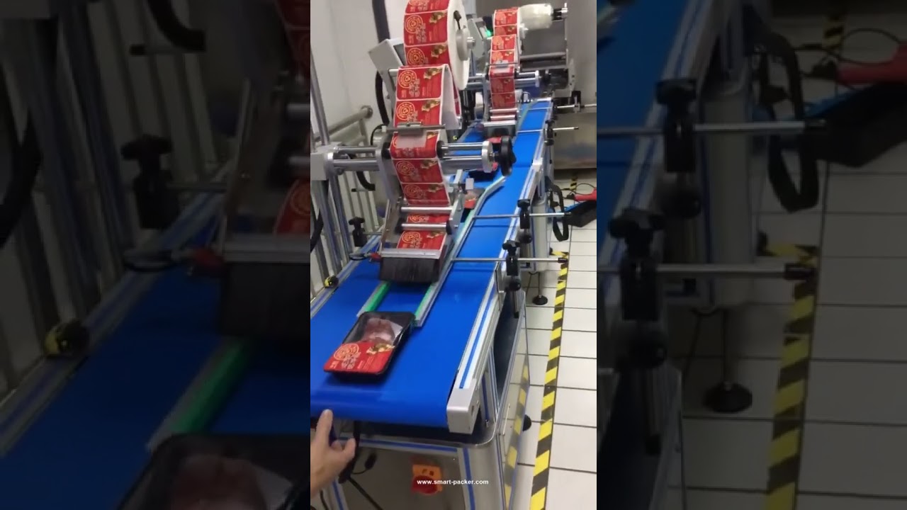 Automatic beef meat film wrap tray box label sticker labeling machine