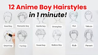 12 Anime boy hairstyle ideas compilation in 1 min | How to draw anime hair (time-lapse)