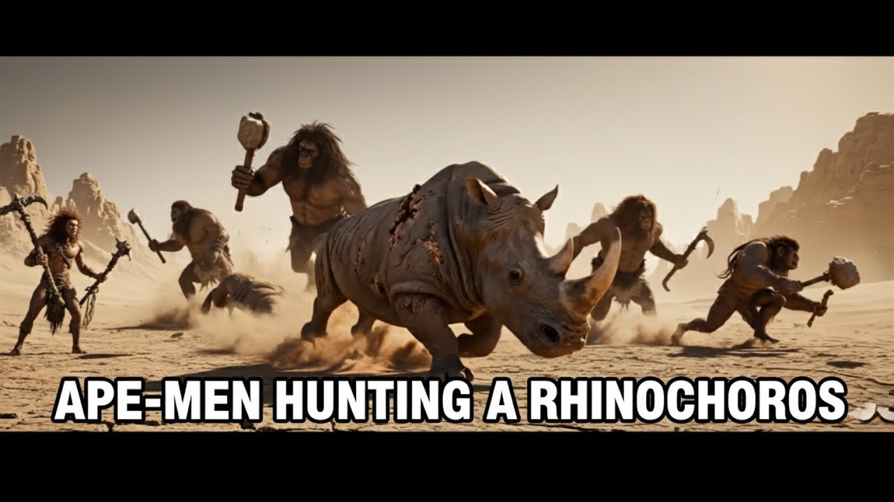 Ape-men hunting a rhinoceros