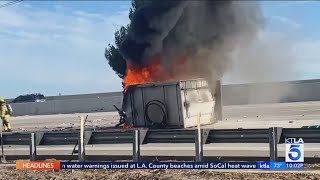 Fiery crash shuts down 210 Freeway near Hansen Dam