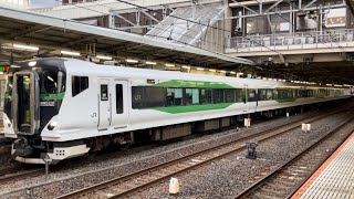 E257系5500番台ｵｵOM-53編成が回送電車として大宮駅9番線にフル点ハイビームで到着停車〜警笛を鳴らしてすぐ発車するフルシーン（2024.1.7.16:24）