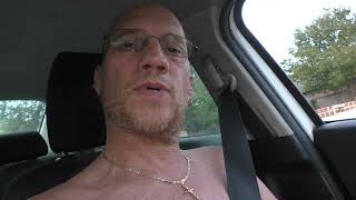 Driving barefoot and shirtless to the gym