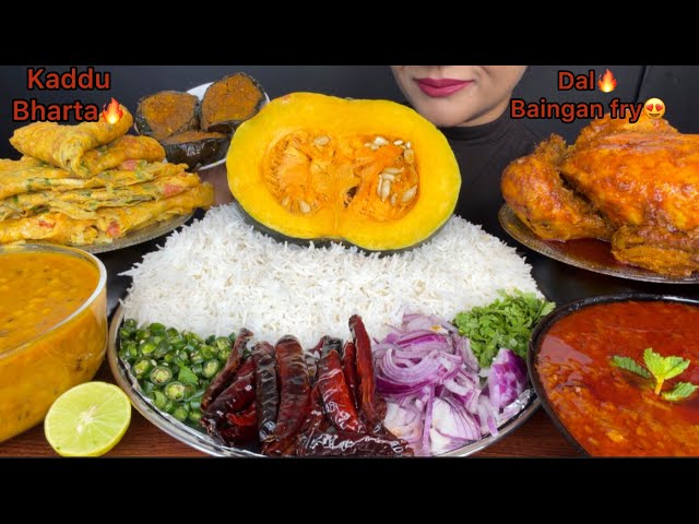 ASMR EATING WHOLE CHICKEN CURRY,SPICY BARTHA,KADDU BARTHA,BAINGAN FRY,DAL,OMLLETTE,SPICY 
