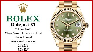 ▶ Rolex Datejust 31 Yellow Gold Green Diamond Dial & Fluted Bezel President Bracelet 278278 - REVIEW