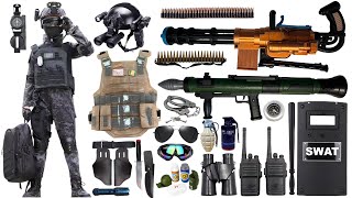 Special police weapon toy set unboxing, Gatling machine gun, rocket launcher, tactical helmet, bomb