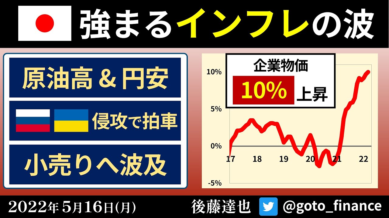 日本にもインフレ　企業物価10%上昇　小売りに波及も（2022/5/16）