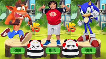 Tag with Ryan vs Crash Bandicoot: On the Run vs Sonic Dash - Mystery Surprise Egg - All Characters