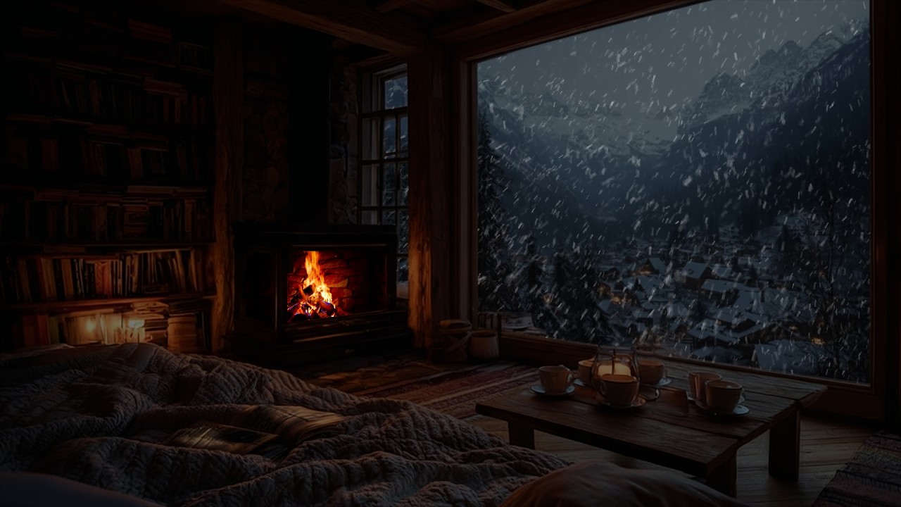 Gentle Snow Drifting through Warm Firelight ❄️ A Quiet, Calm Space for Focused Work